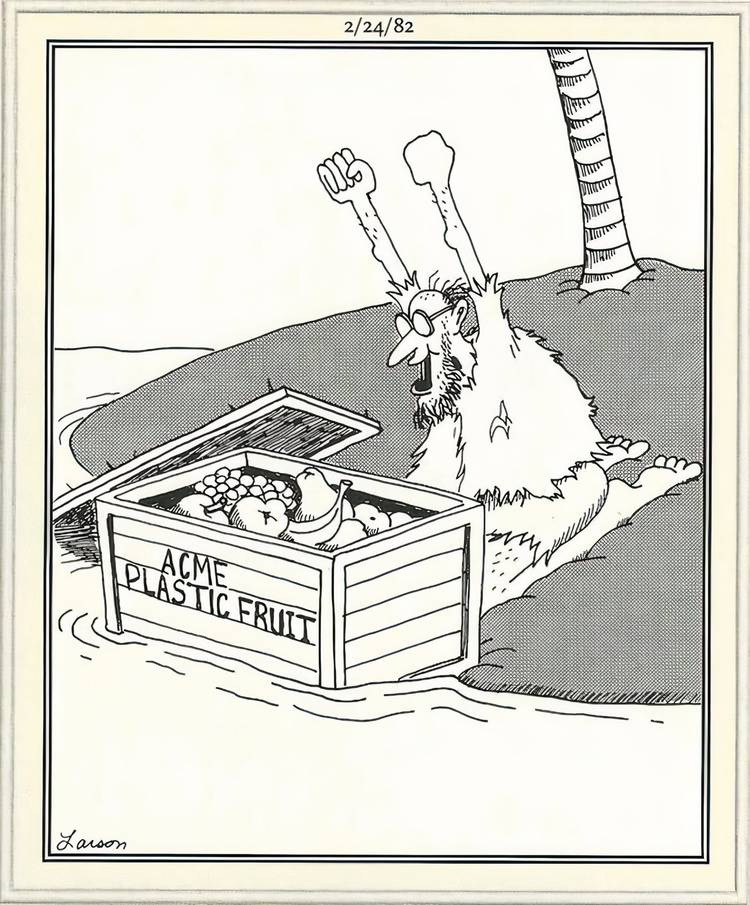 A man on a desert island getting excited about a crate of plastic fruit in The Far Side.