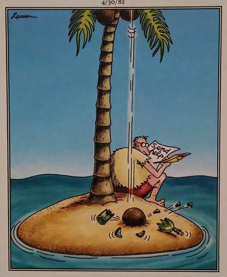 A coconut smashing a glass bottle in The Far Side.