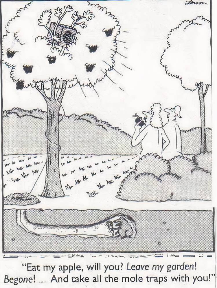 A mole kicking Adam and Eve out of the Garden of Eden in The Far Side.
