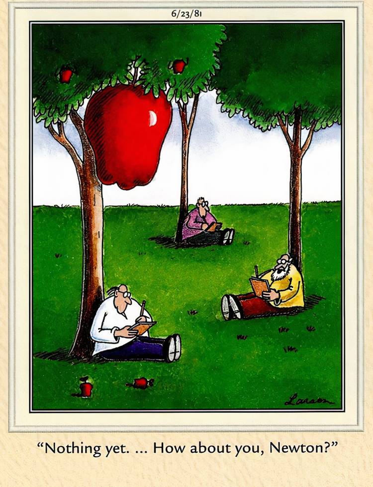 Newton sitting under an apple tree with a giant apple hanging over his head in The Far Side.