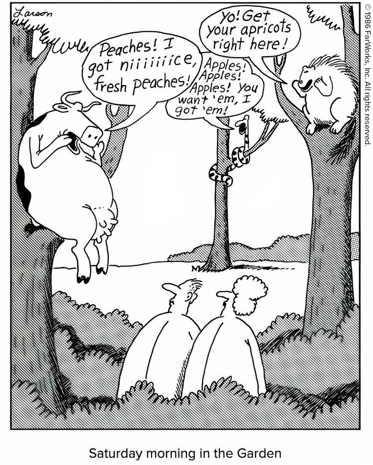 A cow, a porcupine, and a snake trying to sell fruit to Adam and Eve in The Far Side.