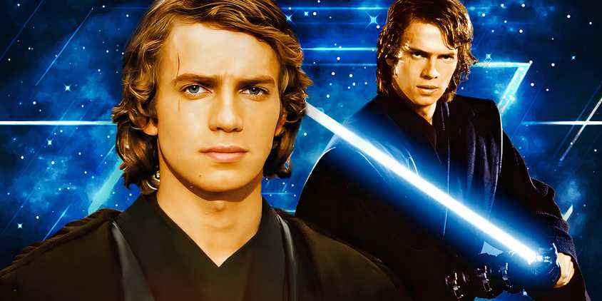 Anakin Skywalker from Revenge of the Sith in the foreground and Anakin in Revenge of the Sith holding his blue lightsaber in the background in front of a blue background