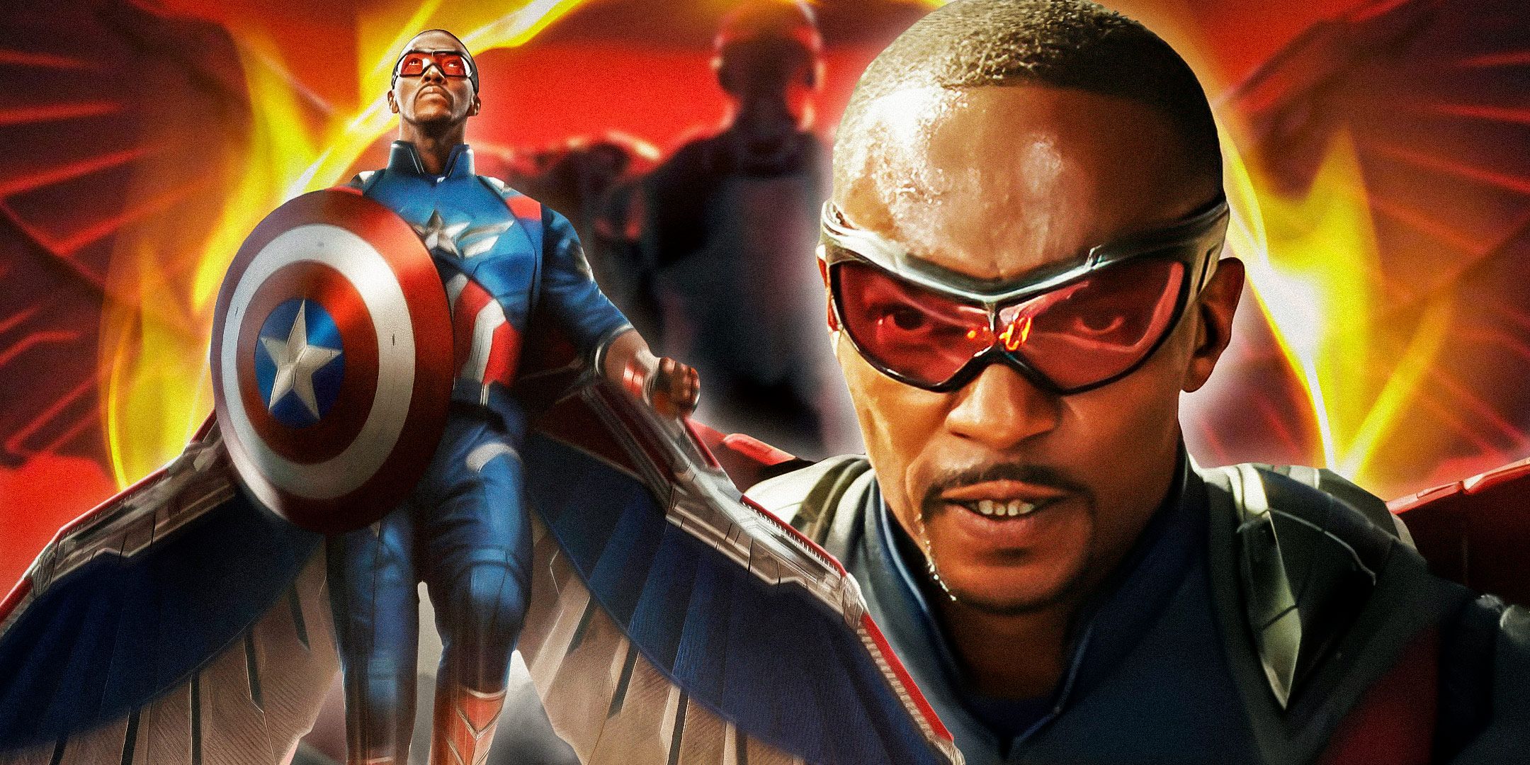 Sam Wilson as Captain America flying and looking forward in front of a blurred image of him