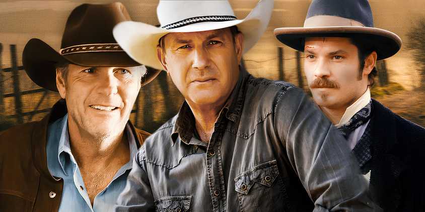 Robert Taylor as Walt Longmire in Longmire, Kevin Costner as John Dutton III in Yellowstone, and Timothy Olyphant as Seth Bullock in Deadwood