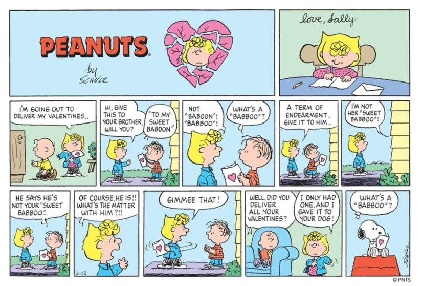 Sally trying to give Linus's valentine to Rerun who won't accept it.