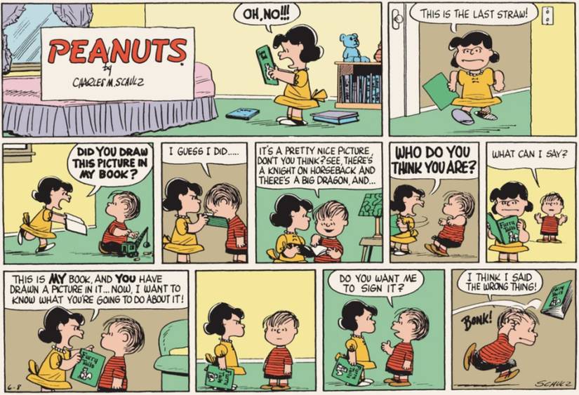 Lucy throwing a book at Linus running away.