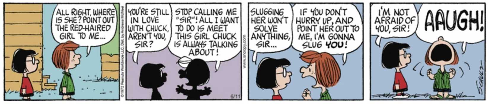 Peppermint Patty and Marcie arguing outside at camp.