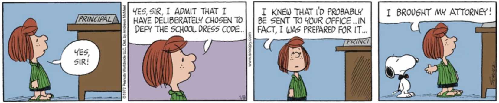 Peppermint Patty at her Principal's desk with World Famous Attorney.