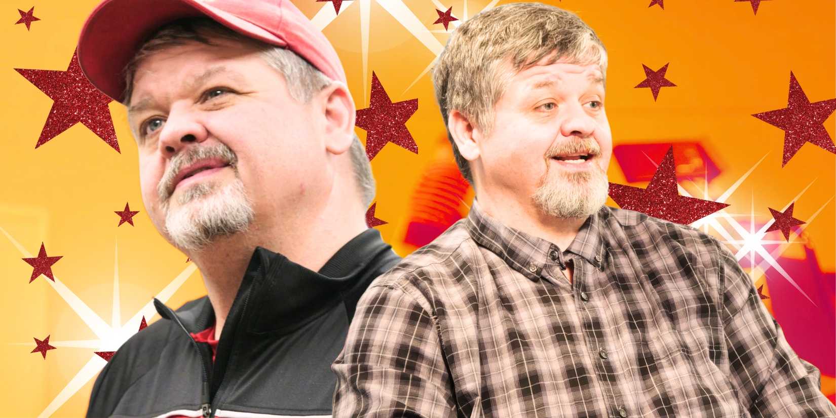 1000-lb Sisters Chris Combs in side by side images with different expressions & stars background