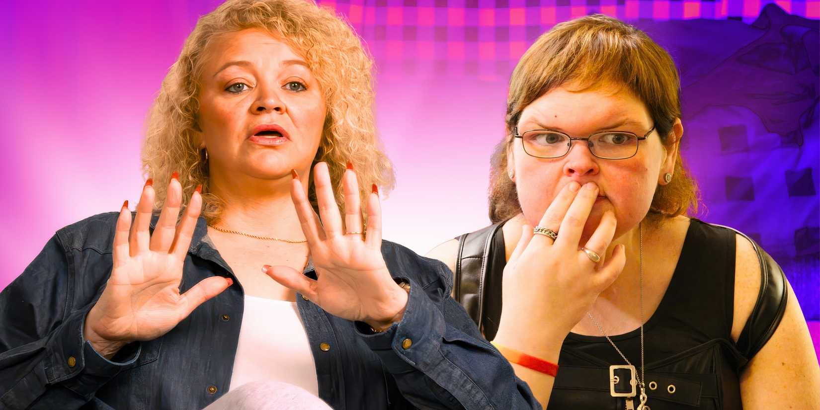 1000 lb sisters stars amanda halterman and tammy slaton looking shocked in montage with pink background