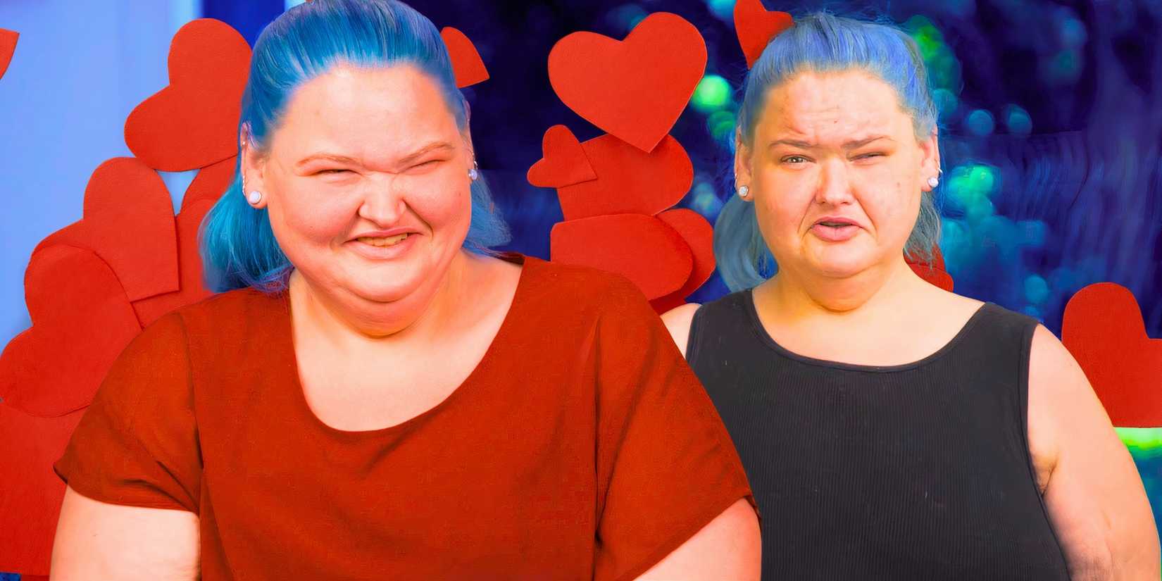 1000 lb sisters stars amy slaton in two serious poses with hearts in the background
