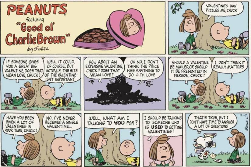 Snoopy walking past Peppermitn Patty and Charlie Brown with a lot of valentine cards.