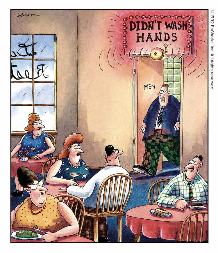 A man leaving a bathroom without washing his hands in The Far Side.