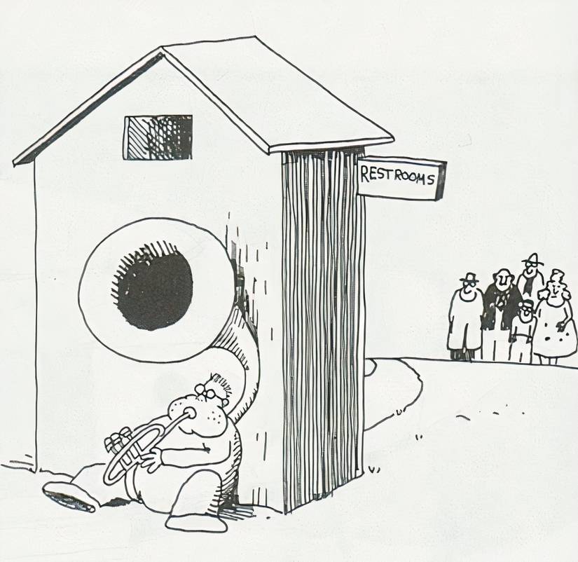 A boy playing the tuba behind a public restroom in The Far Side.