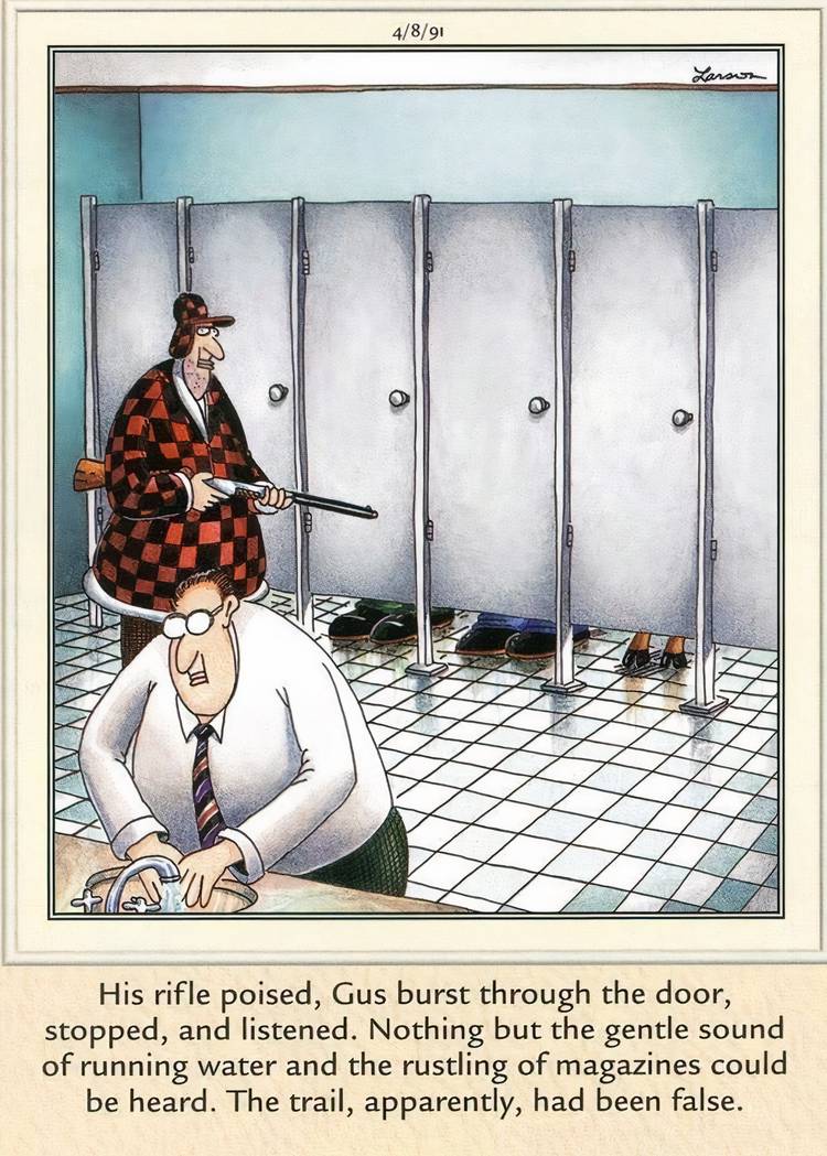A hunter waiting for a deer to come out of a bathroom stall in The Far Side.