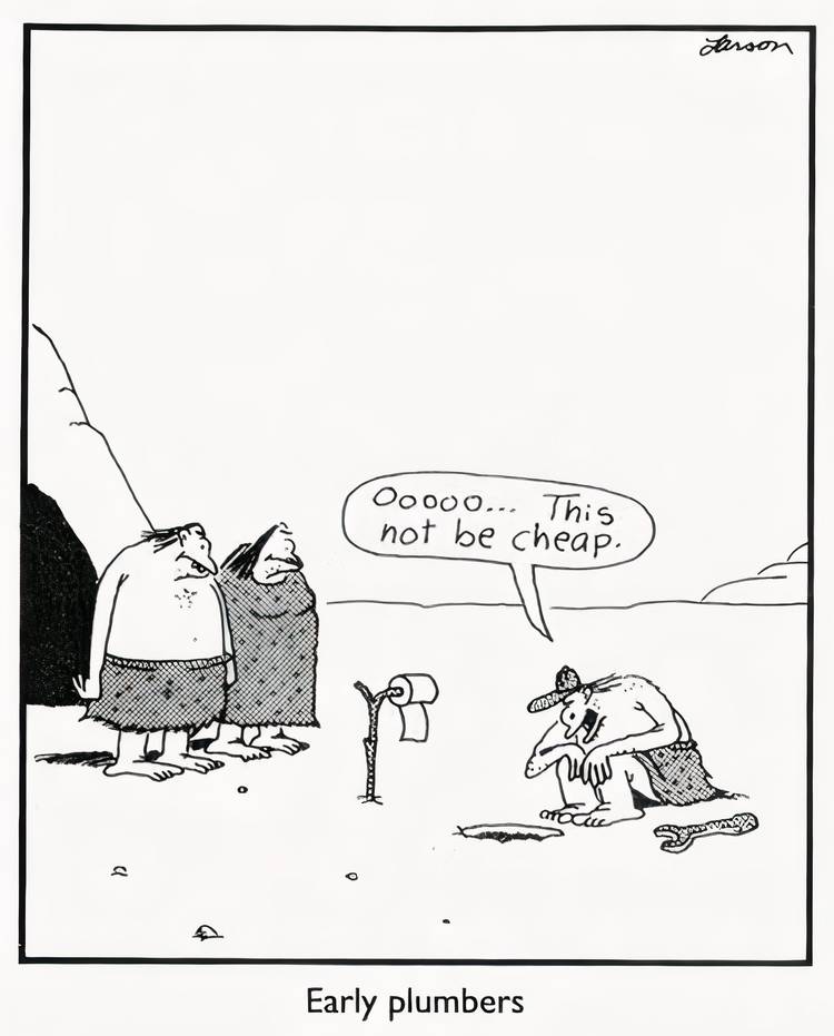 A caveman plumber looking at a plumbing issue in The Far Side.
