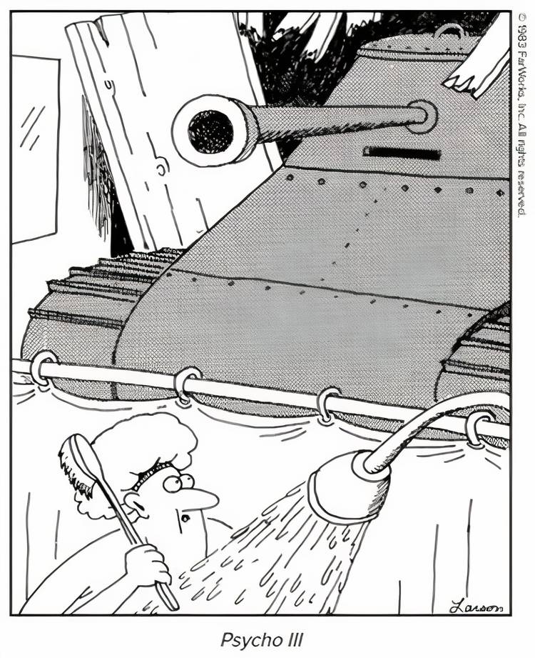 A tank taking aim at a woman in the shower in The Far Side.