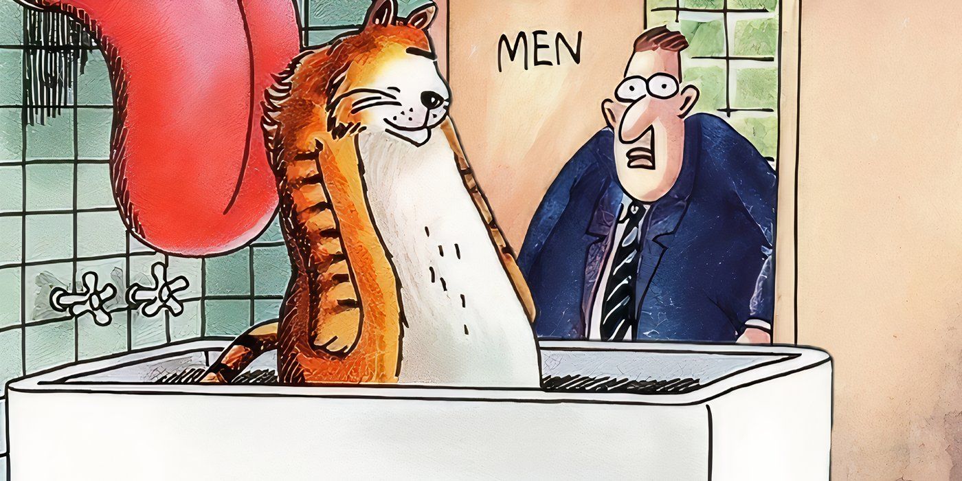 A cat being licked by a giant tongue with a man walking out of a bathroom in The Far Side.