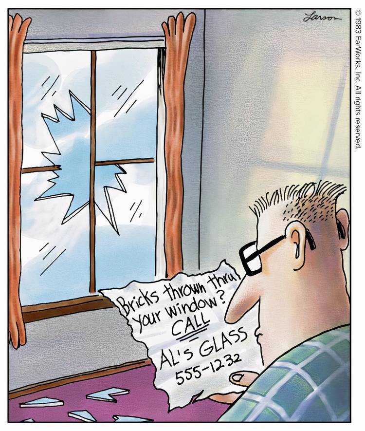A man reading an ad that was thrown through his window in The Far Side.