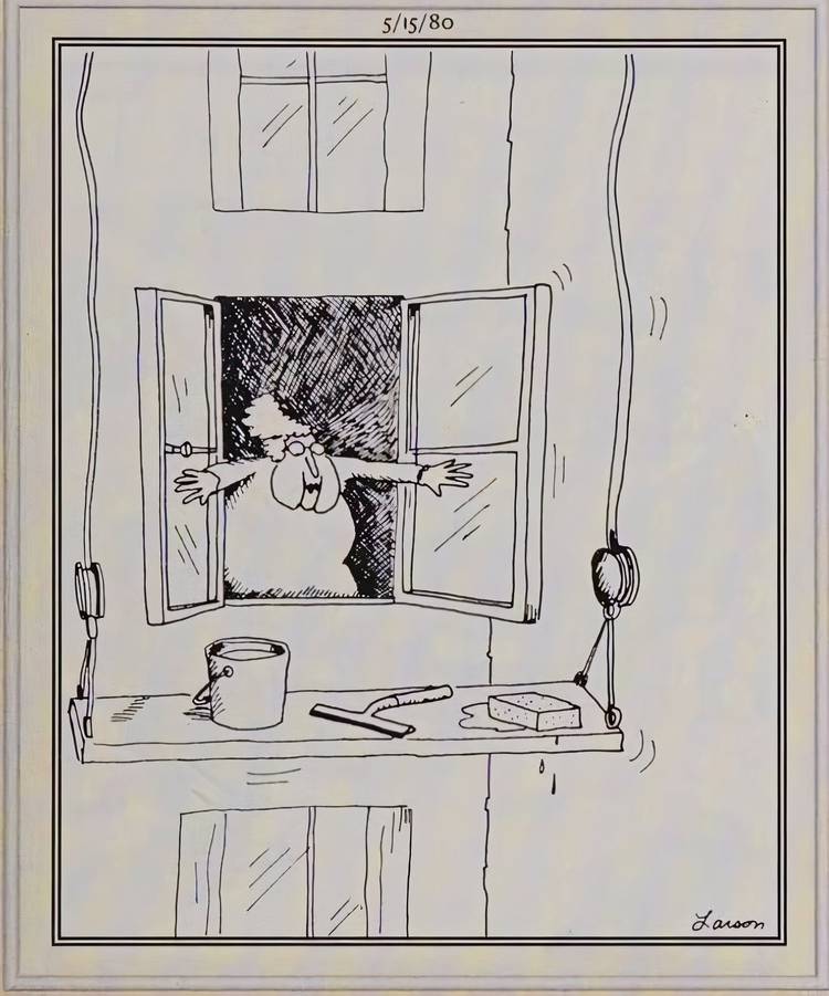 An old lady killing a window cleaner by opening her window in The Far Side.