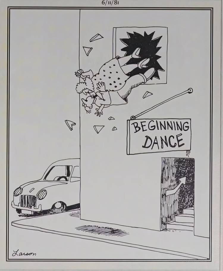 A couple taking a dancing lesson falling through a window in The Far Side.