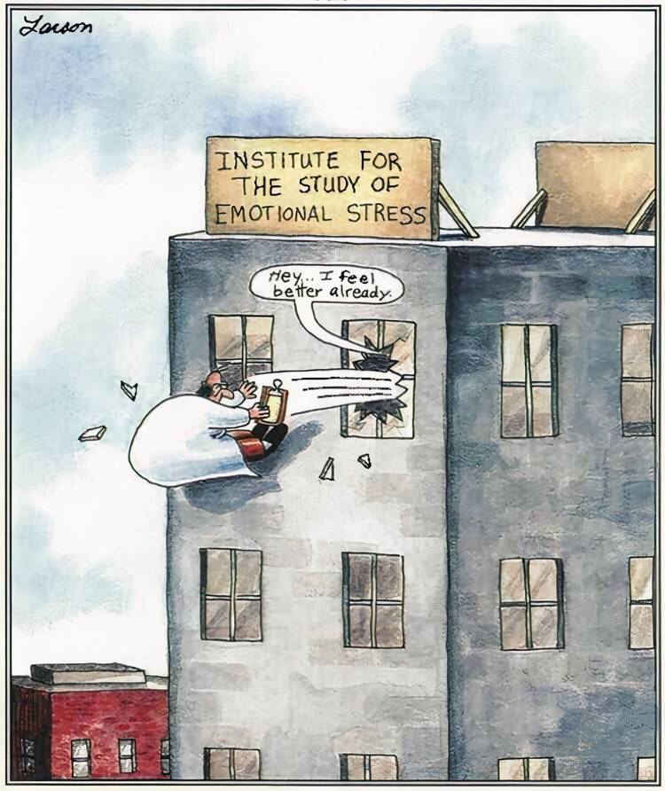 A doctor being thrown out a top-floor window in The Far Side.