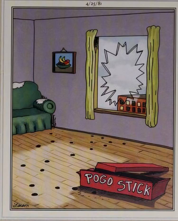 A broken window and an empty pogo stick box in The Far Side.