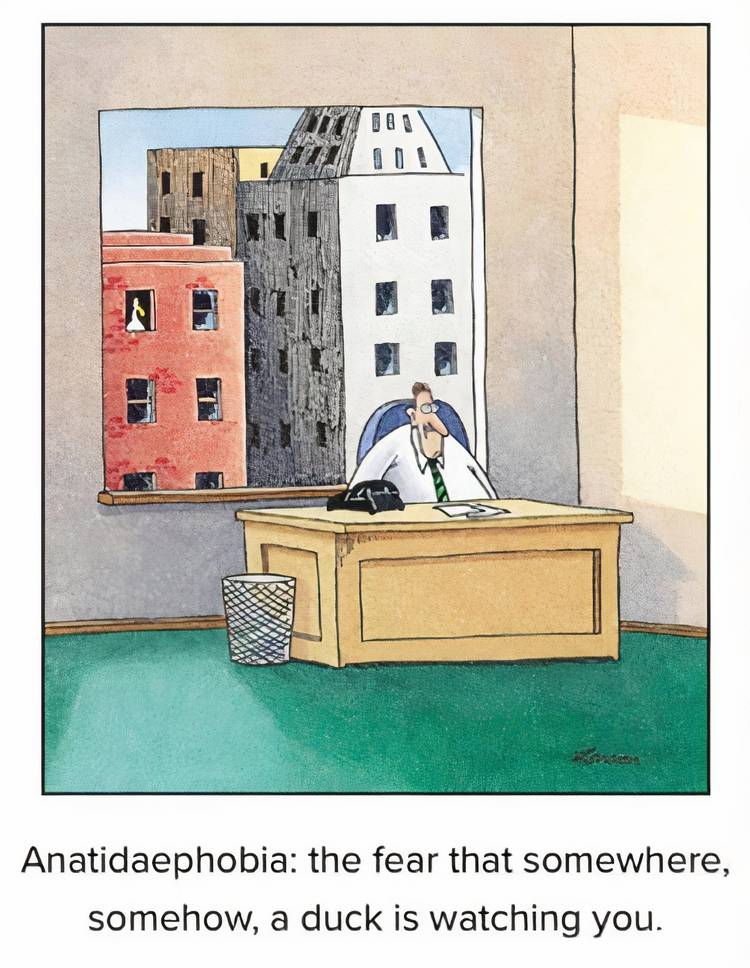 A man with a fear that ducks are always watching him sitting in his office, with a duck watching him through the window in The Far Side.