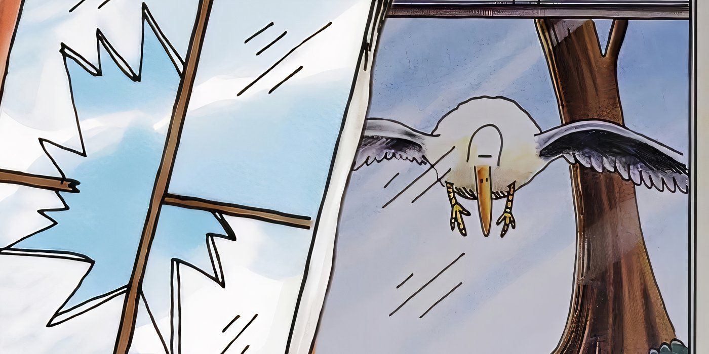 A bird flying toward a broken window in The Far Side.