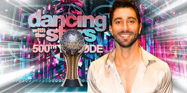 The Bachelor's Joey Graziadei montage smiling with the Len Goodman Mirrorball Trophy and DWTS sign