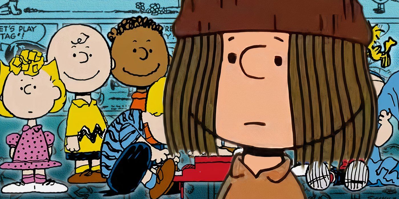 Peanuts' Eudora with Charlie Brown and the entire Peanuts Gang behind her.