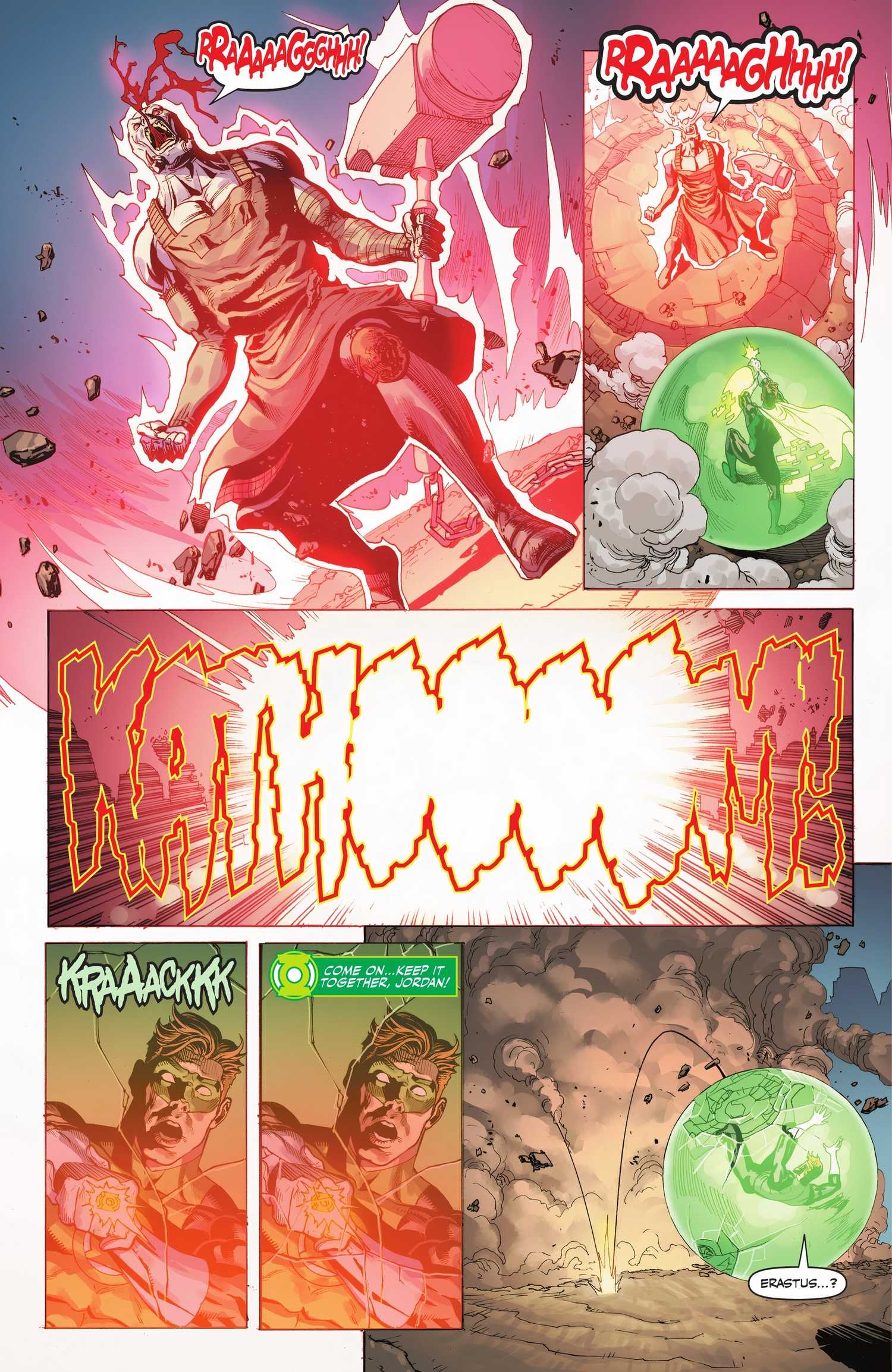 Red Lantern Erastus explodes in a rage as Hal tries to block it