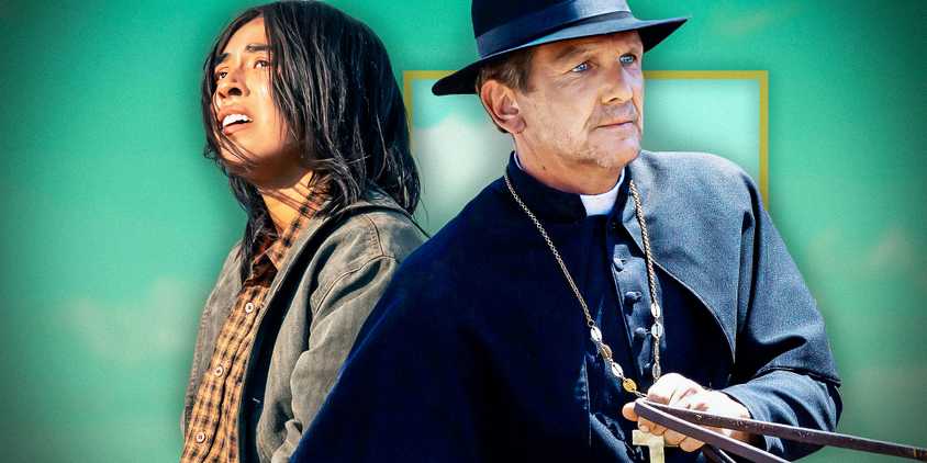 Sebastian Roche as Father Renaud & Aminah Nieves as Teonna Rainwater in 1923 season 2
