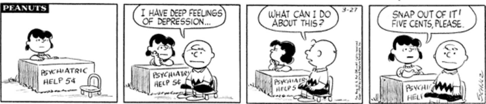 Lucy at her psychiatry booth with Charlie Brown.