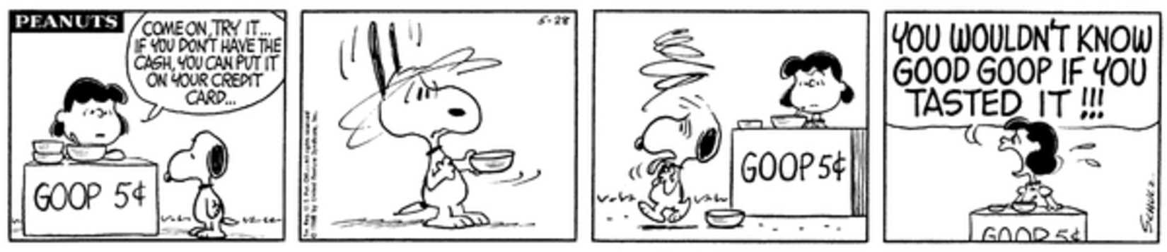 Lucy selling goop to Snoopy.