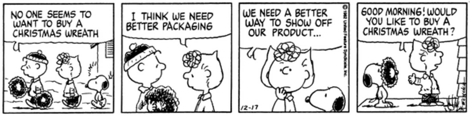 Sally sticking a wreath on Snoopy's nose going door to door.