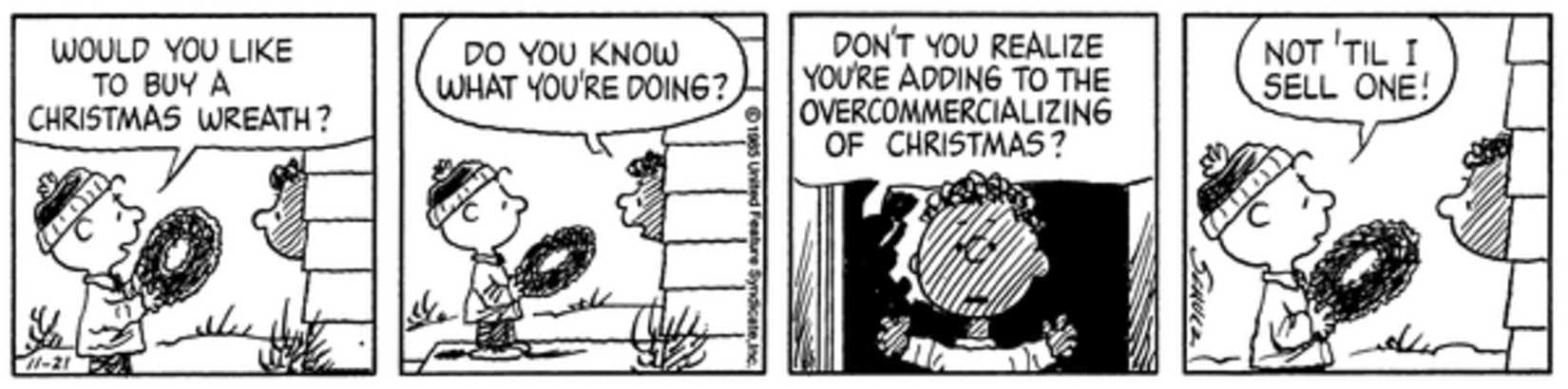 Charlie Brown trying to sell a wreath to Franklin.