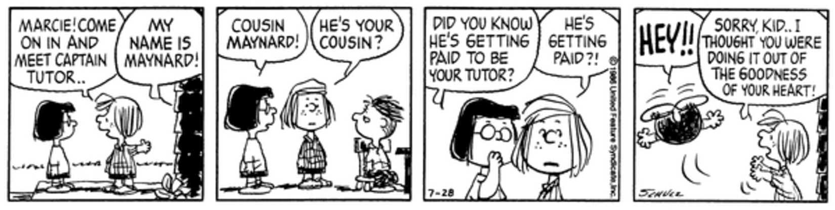 Peppermint Patty pushing Maynard after Marcie tells her he is being paid to tutor her.
