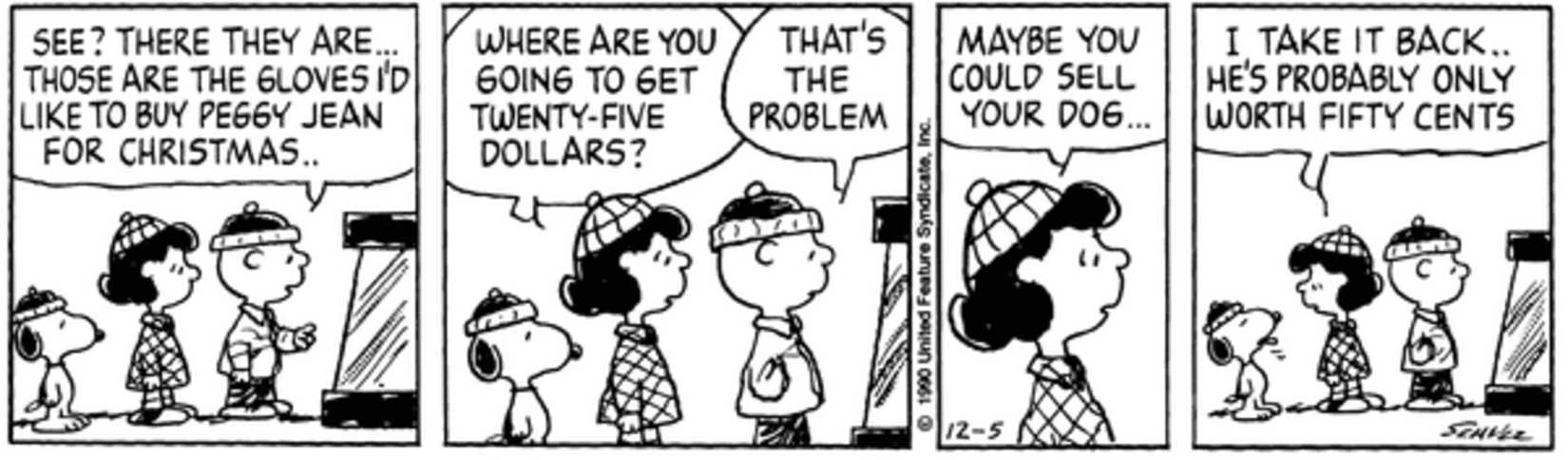 Charlie Brown, Lucy, and Snoopy at a shop counter.