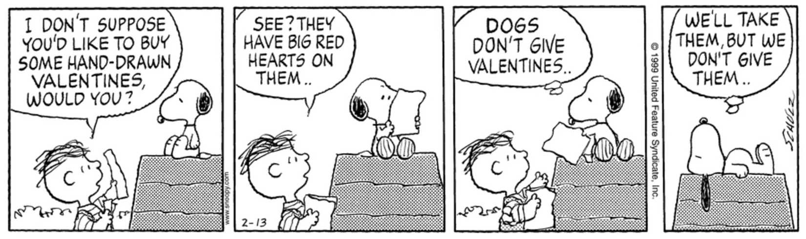 Rerun trying to sell valentines to Snoopy.
