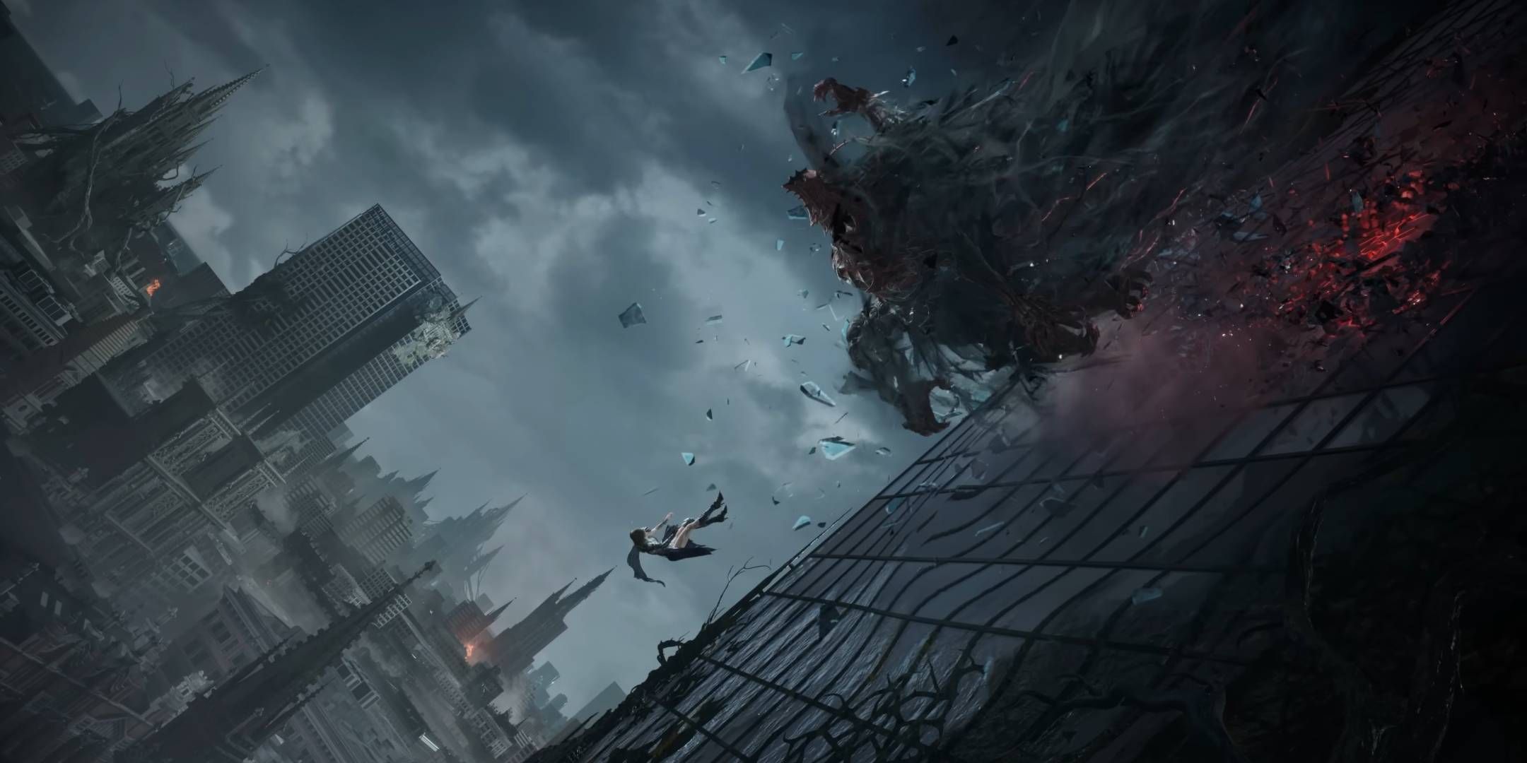 Tides of Annihilation protagonist falling past a building with a monster in pursuit