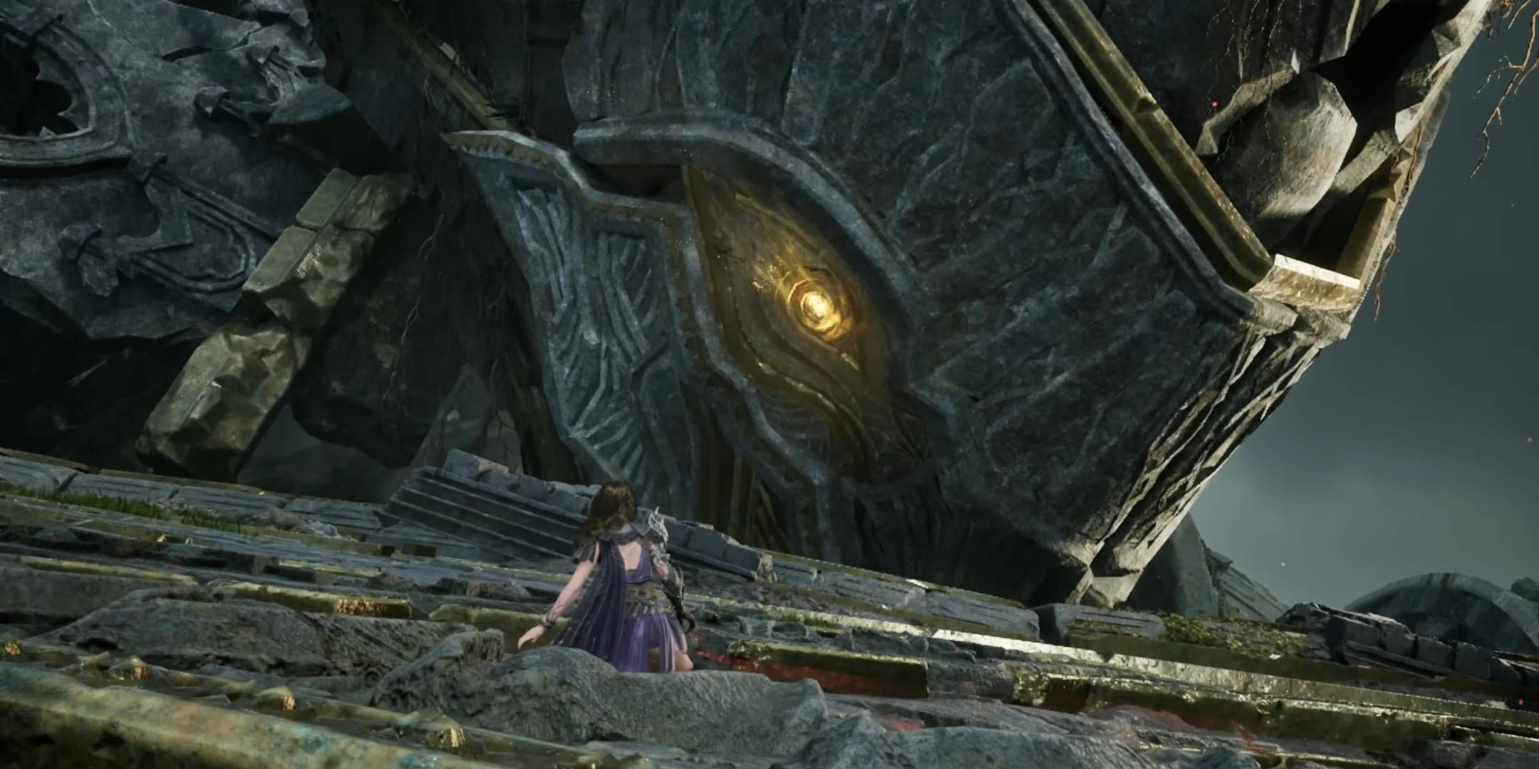 Tides of Annihilation protagonist on the arm of a giant golem