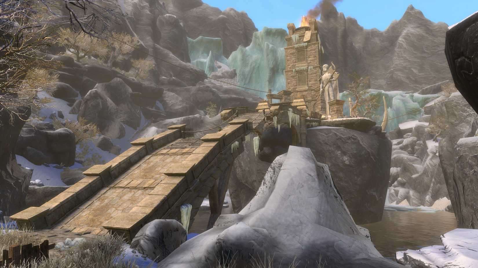 Skyblivion screenshot of a bridge rising over mountains