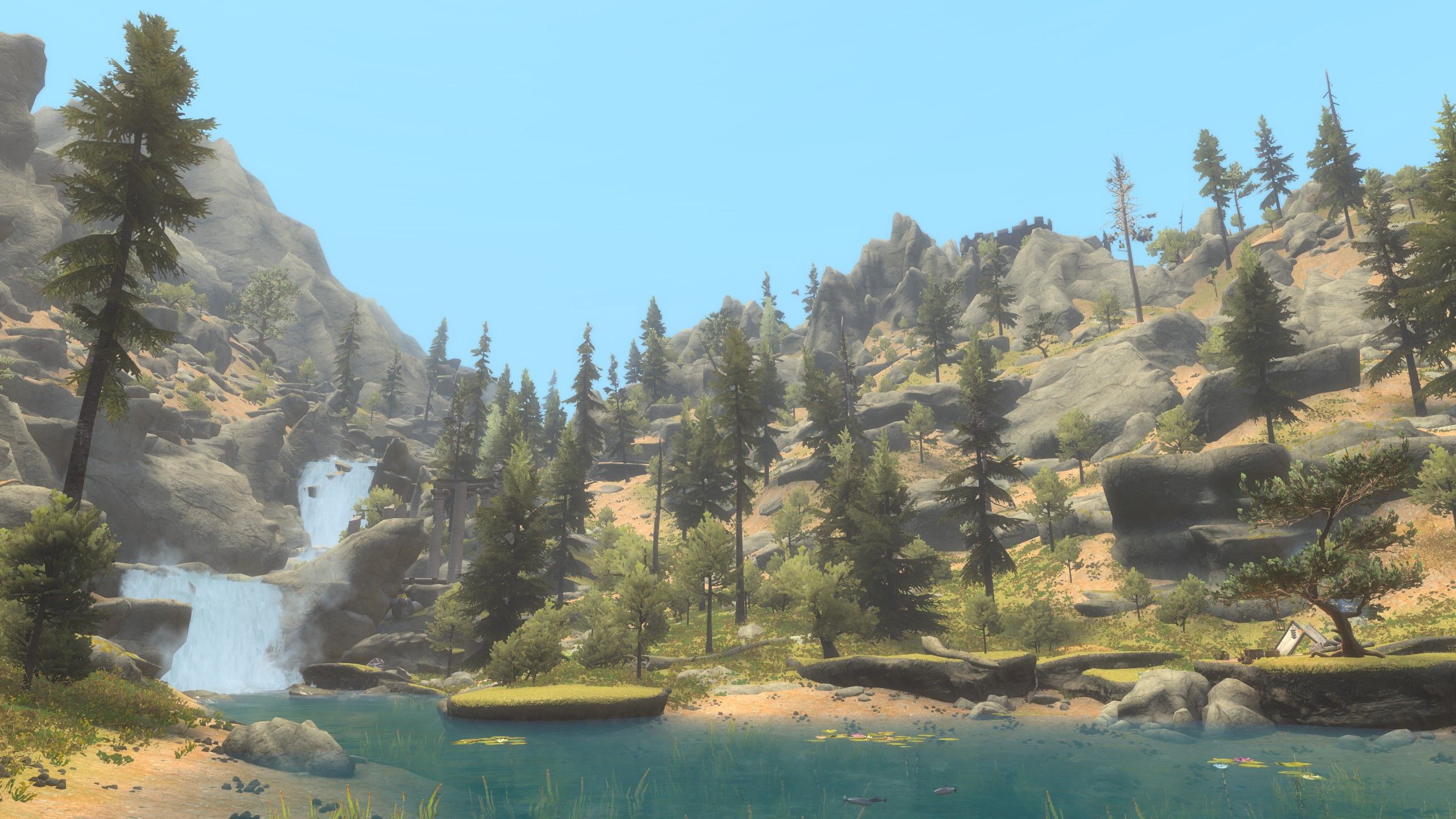 Skyblivion screenshot of a lake and a waterfall surrounded by trees and hills