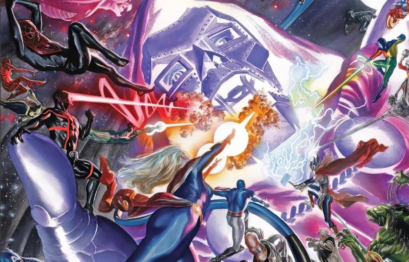 The Avengers battling a giant, god-powered Doctor Doom. 