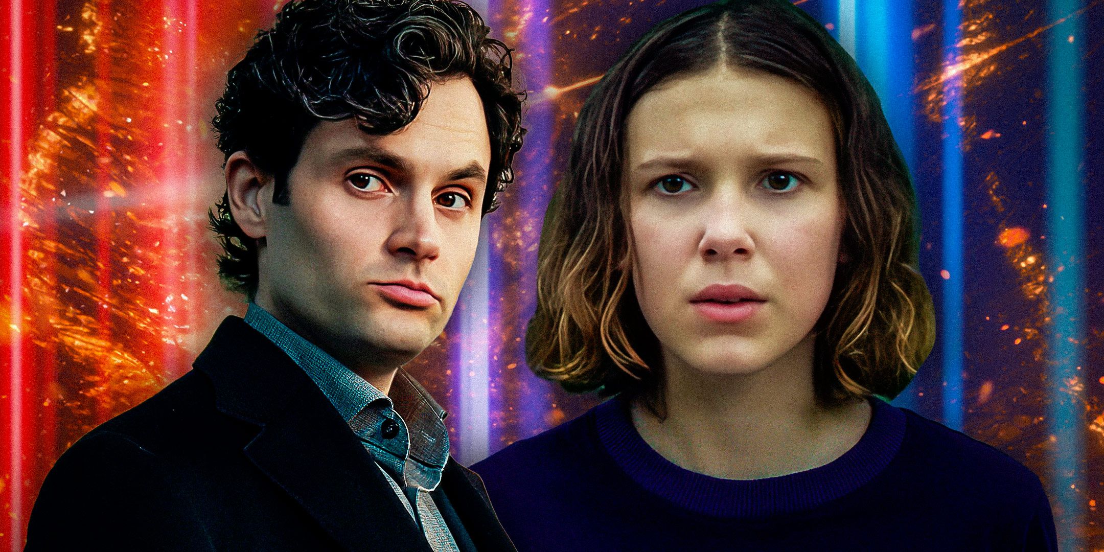 Joe from You to the left and Eleven from Stranger Things to the right