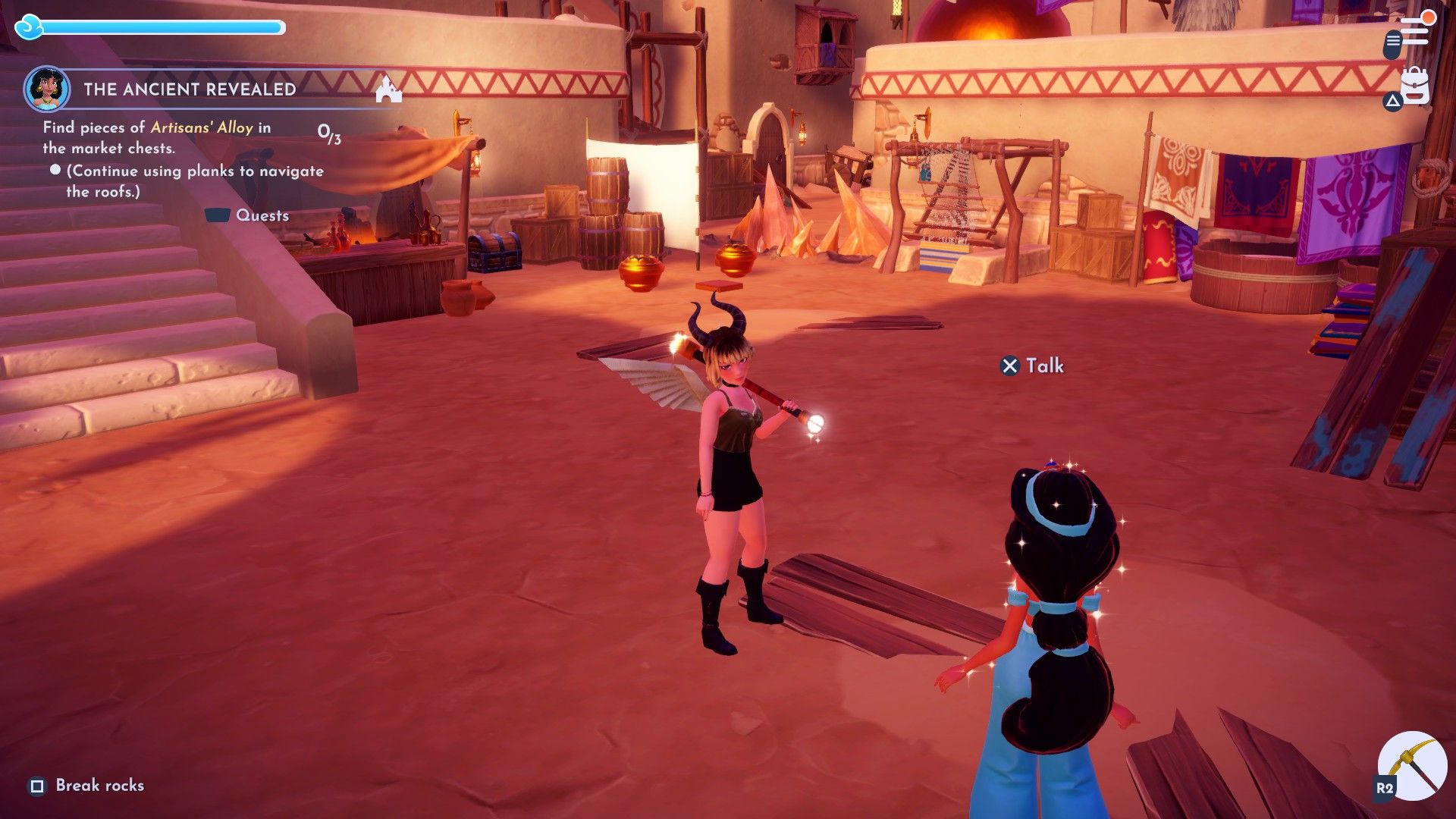 Player speaking with Jasmine in the Artisans' Market with Chest in the background against the wall in Disney Dreamlight Valley