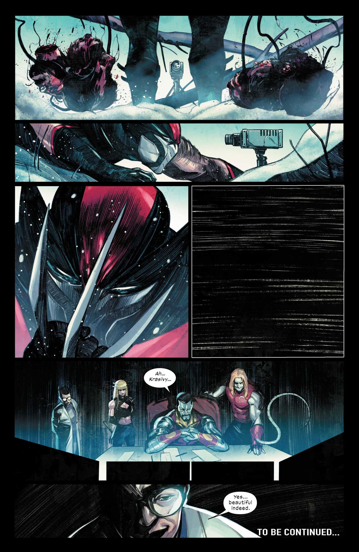 Ultimate Wolverine presenting the heads of his victims to a camera, which the Rasputins and Directorate X are watching from, from Ultimate Wolverine #2