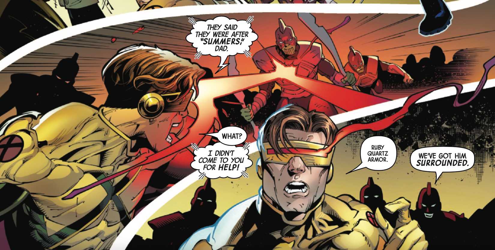 X-Men #10: Cyclops is surrounded by Skrull army using ruby-quartz crystal armor