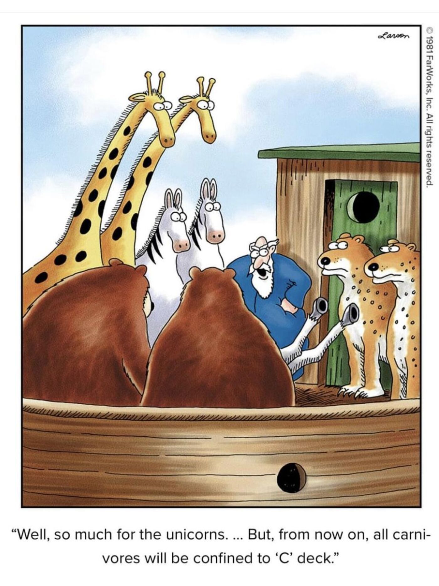 Far side, animals in Noah's ark, including giraffes.